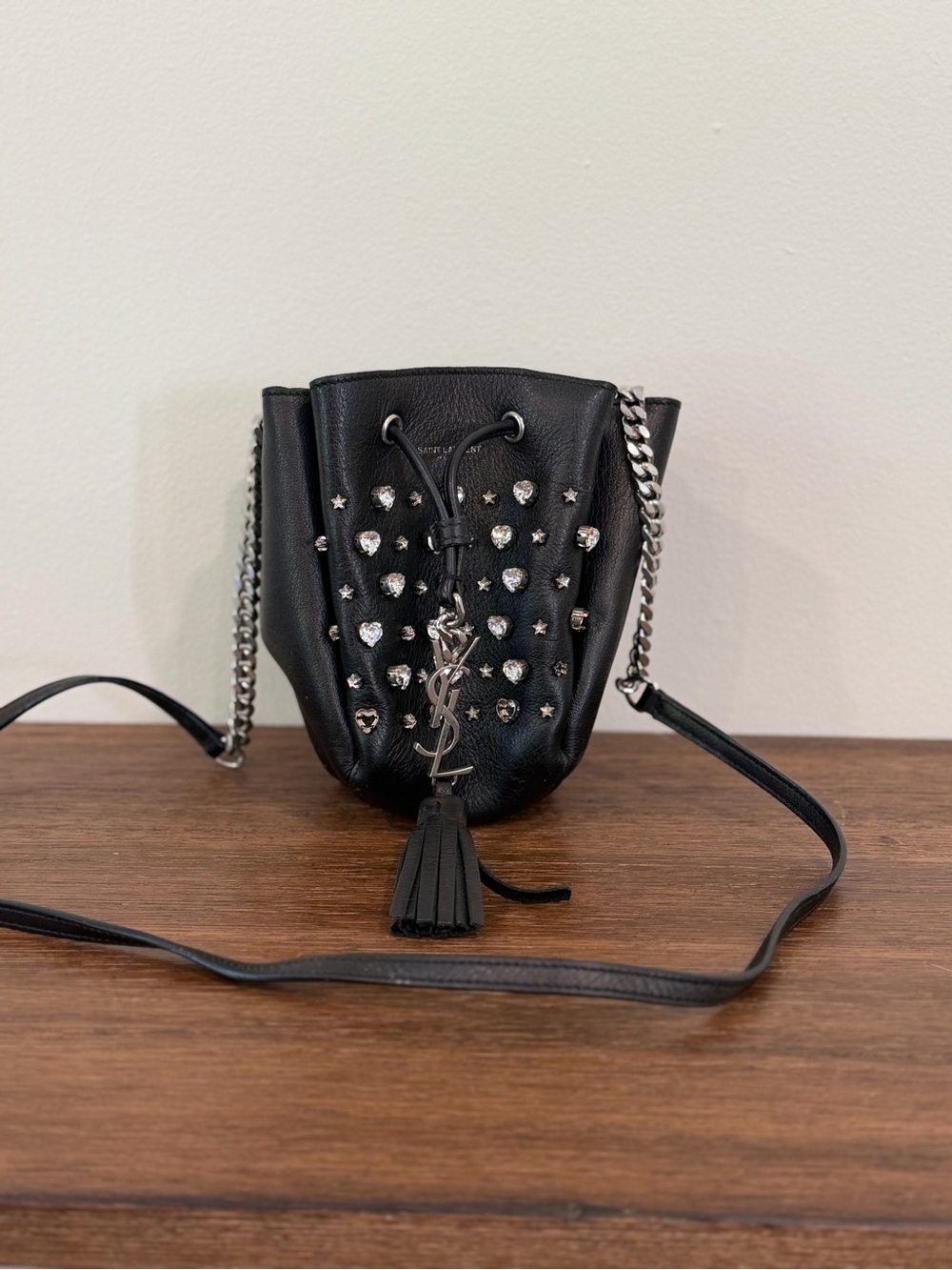 Saint Laurent Emmanuelle crystal embellished leather bucket bag
